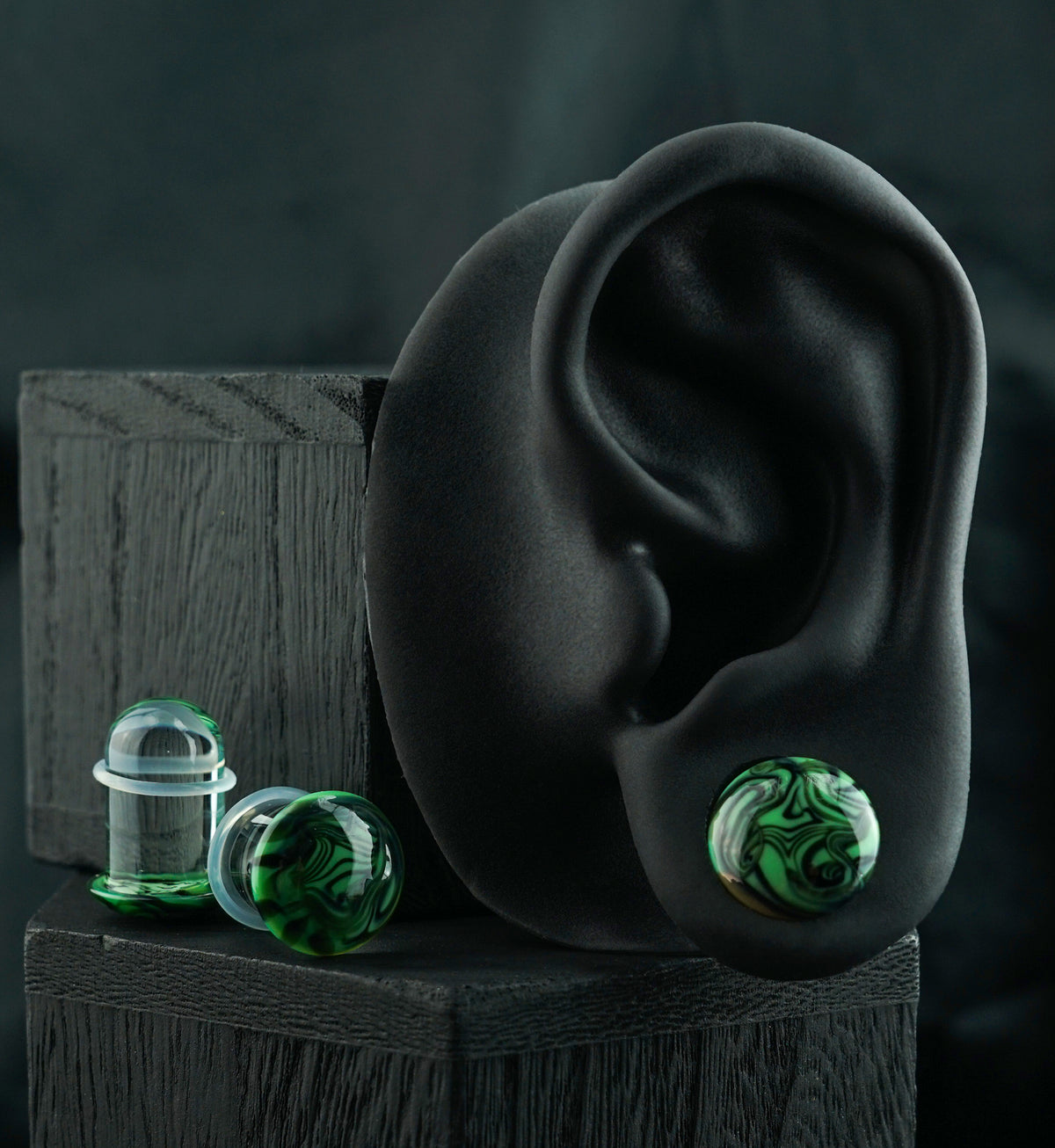 Green and Black Haze Single Flare Glass Plugs