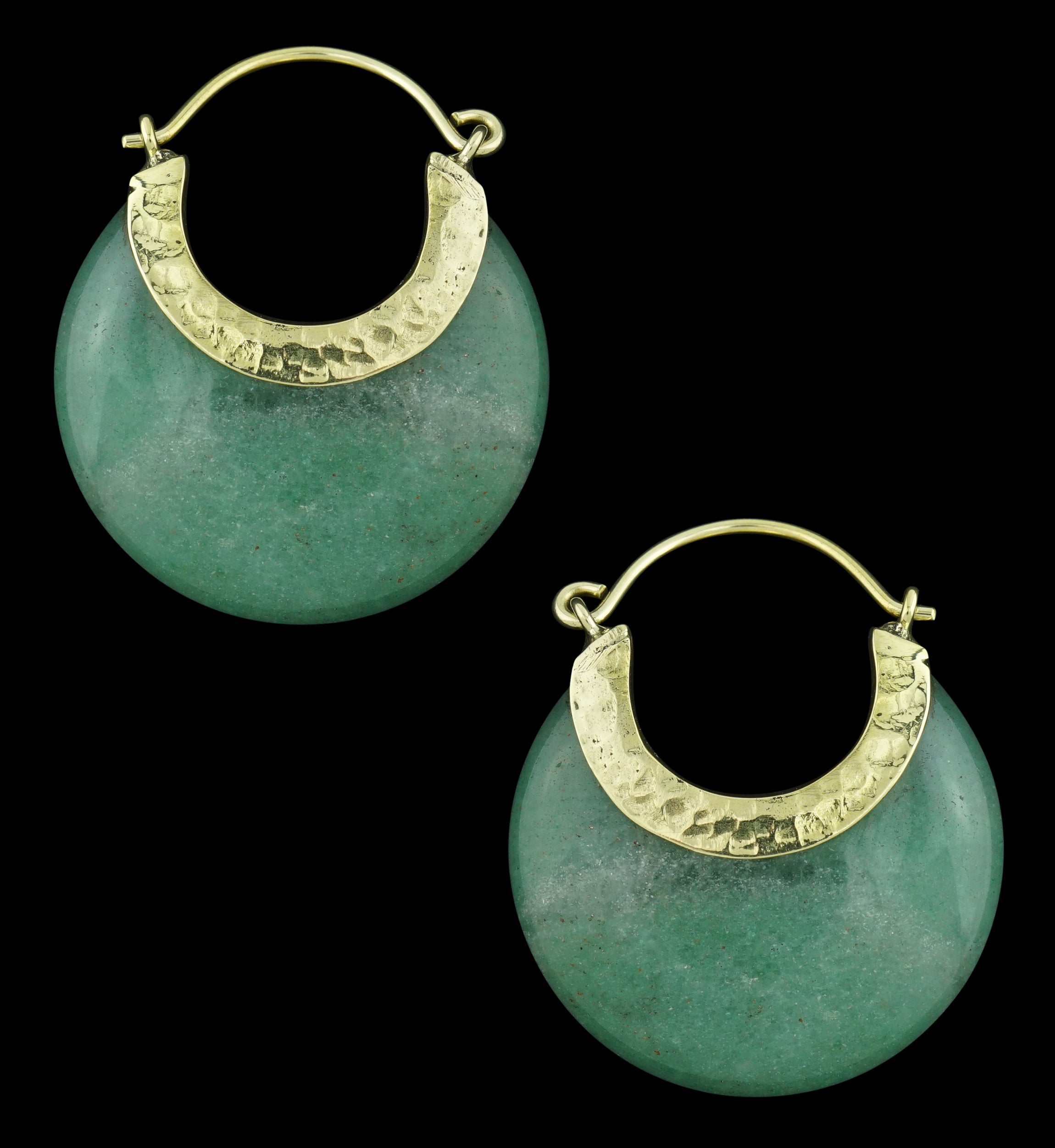 Green Aventurine Hammered Brass Stone Earrings