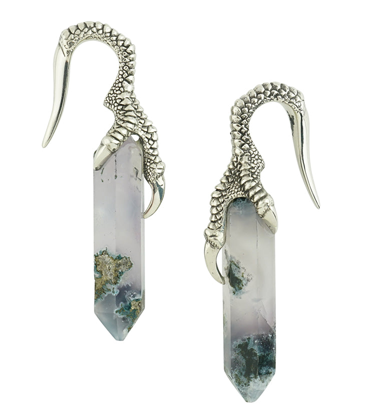 Green Moss Agate Raven Claw White Brass Ear Weights