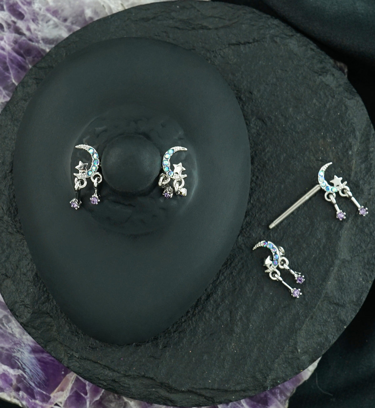 Half Moon Dangle Star Blue Aurora CZ Stainless Steel Nipple Barbell