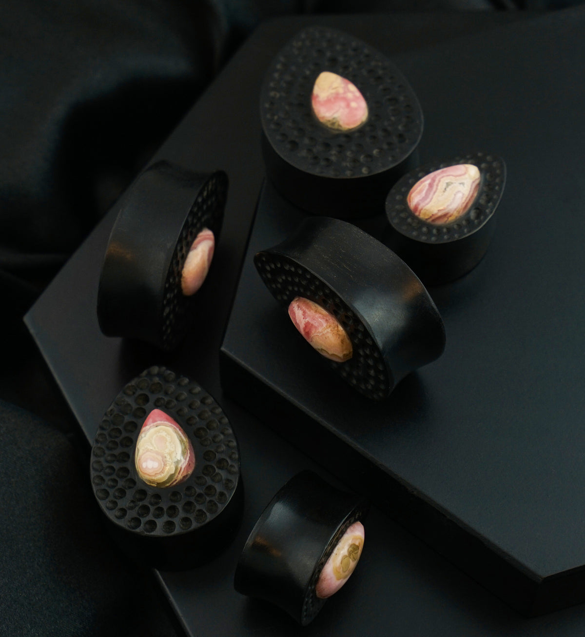 Hammered Areng Wood Teardrop Plugs with Teardrop Rhodochrosite Stone Inlay
