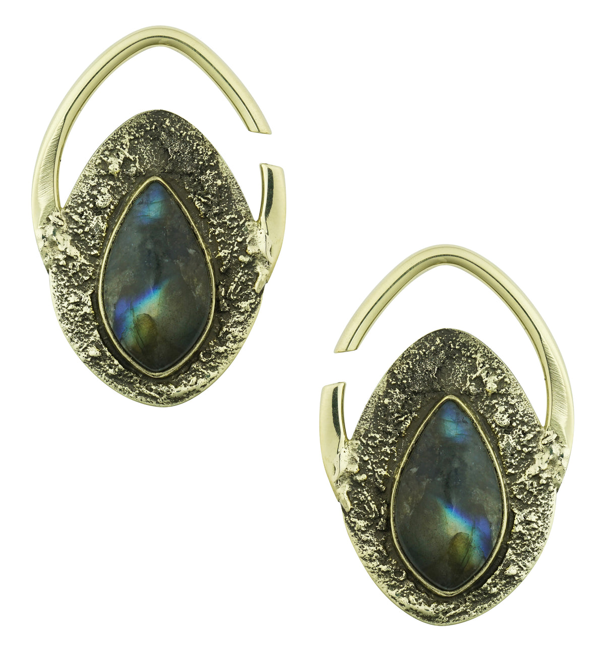 Hammered Teardrop Labradorite Stone Inlay Brass Ear Hangers
