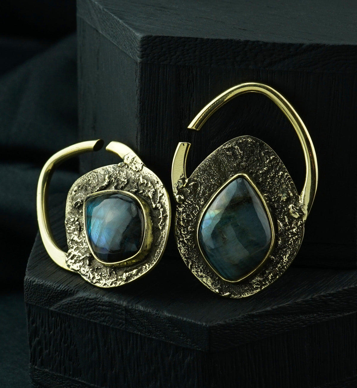 Hammered Teardrop Labradorite Stone Inlay Brass Ear Hangers