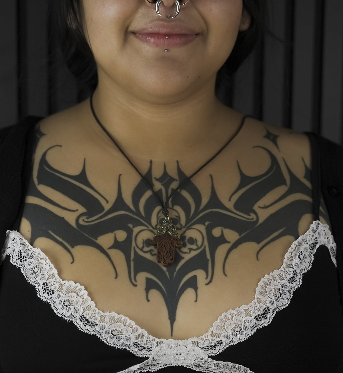 Hamsa Hand Brass And Sawo Wood Pendant Necklace