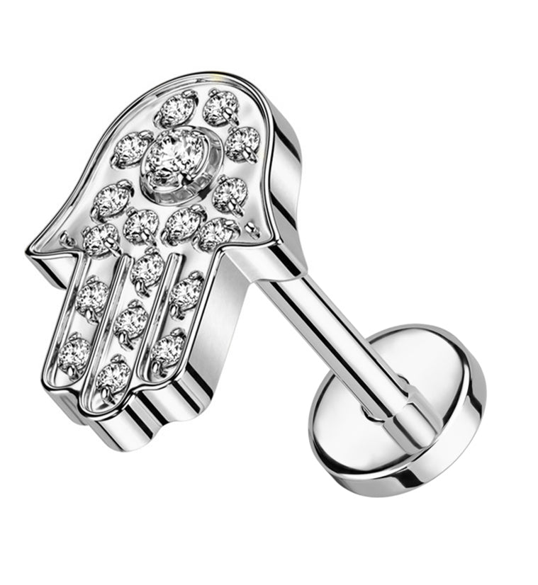 Hamsa Hand Clear CZ Threadless Titanium Labret