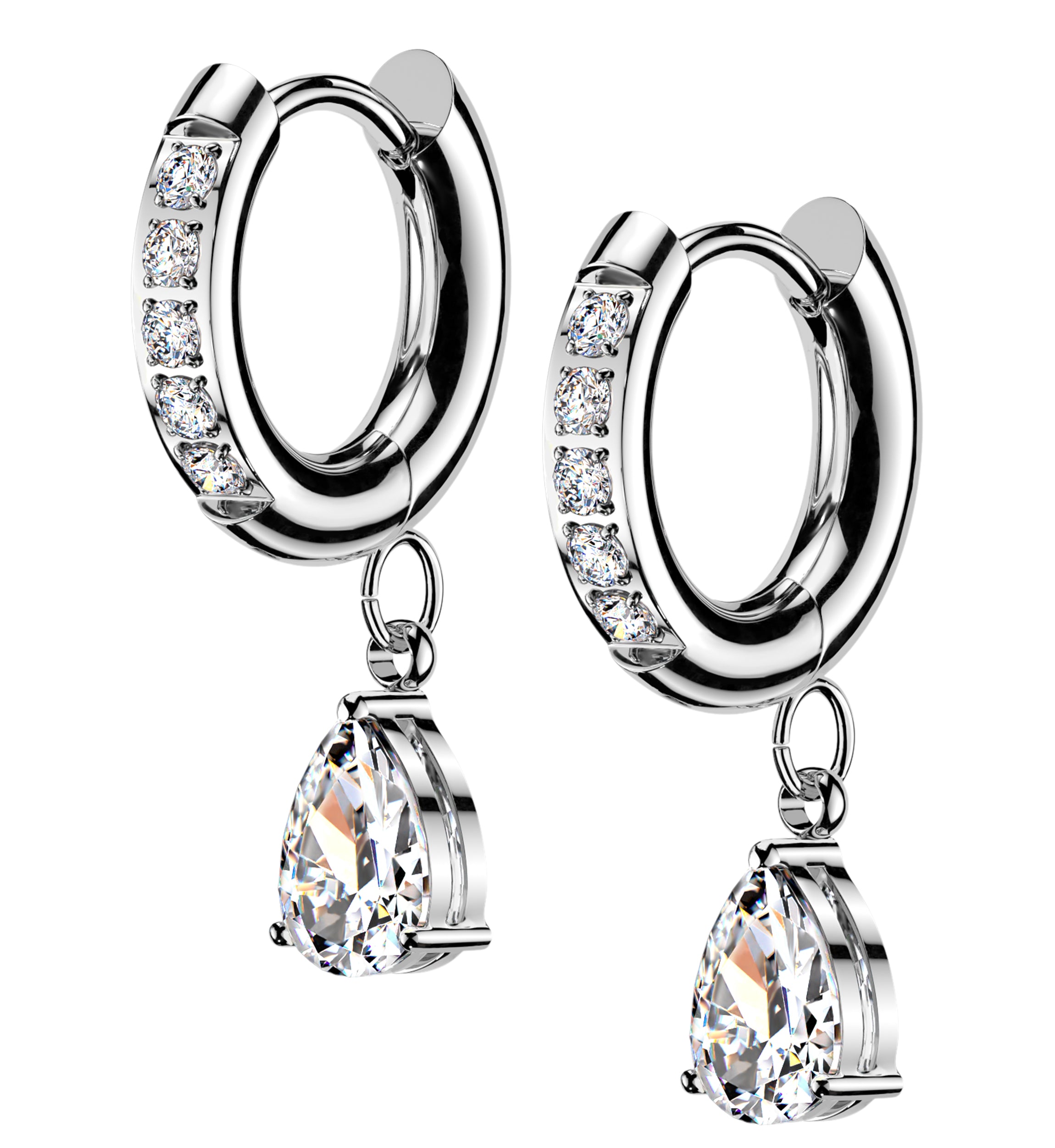 Hanging Teardrop CZ Stainless Steel Hinged Hoop Earrings