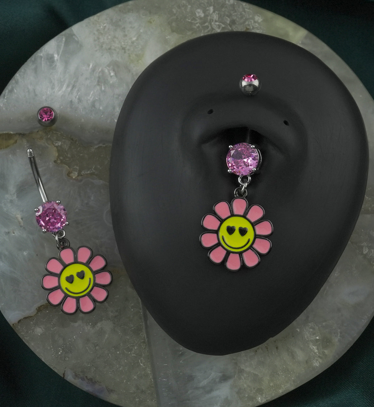 Happy Face Flower Pink CZ Stainless Steel Belly Button Ring
