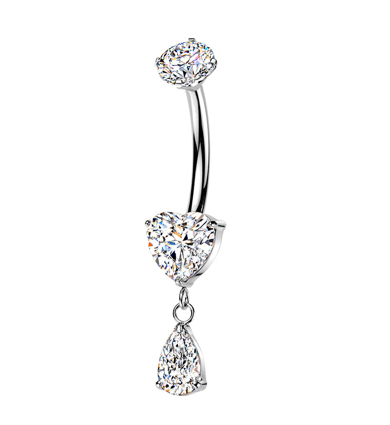 Heart Clear CZ Teardrop Dangle Titanium Internally Threaded Belly Button Ring