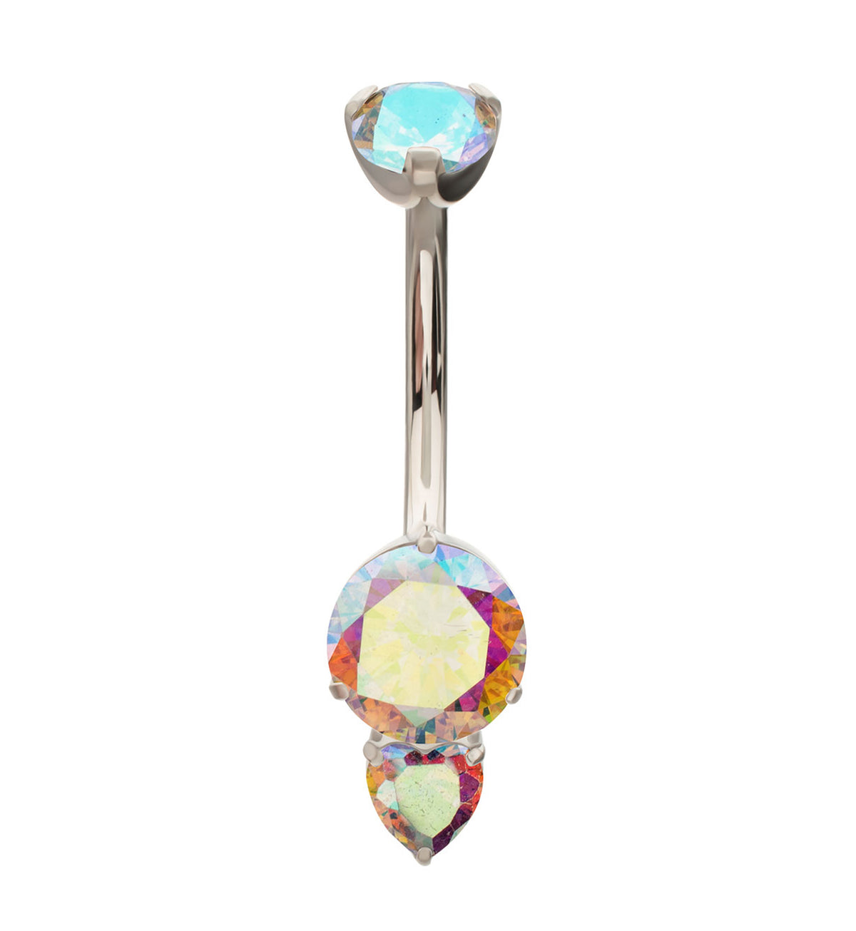 Heart Drop Rainbow Aurora CZ Titanium Internally Threaded Belly Button Ring