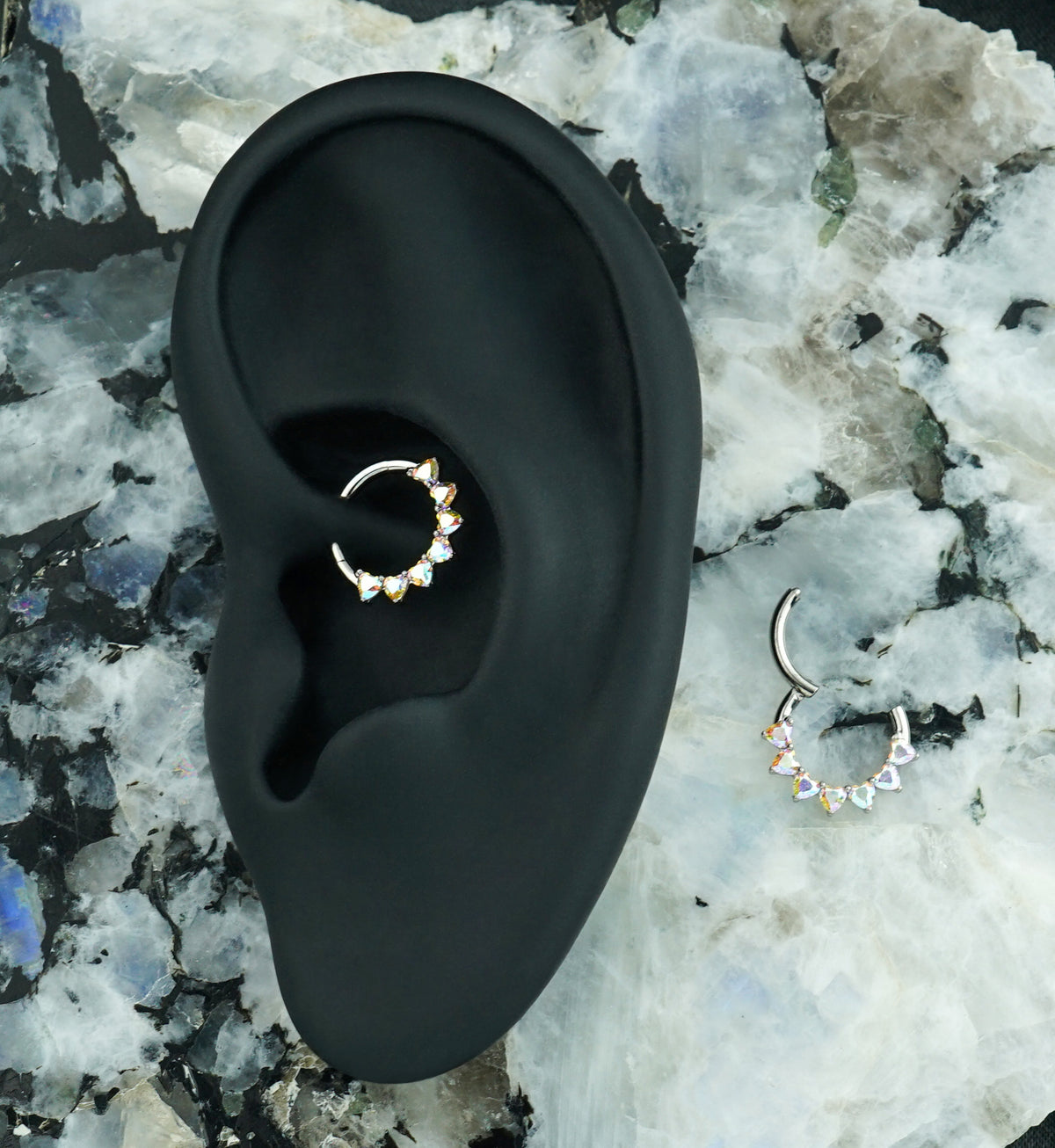 Heart Edge Rainbow Aurora CZ Titanium Hinged Segment Ring