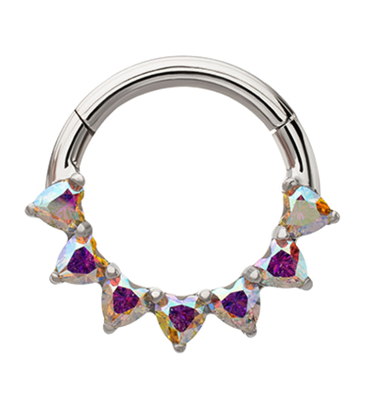 Heart Edge Rainbow Aurora CZ Titanium Hinged Segment Ring