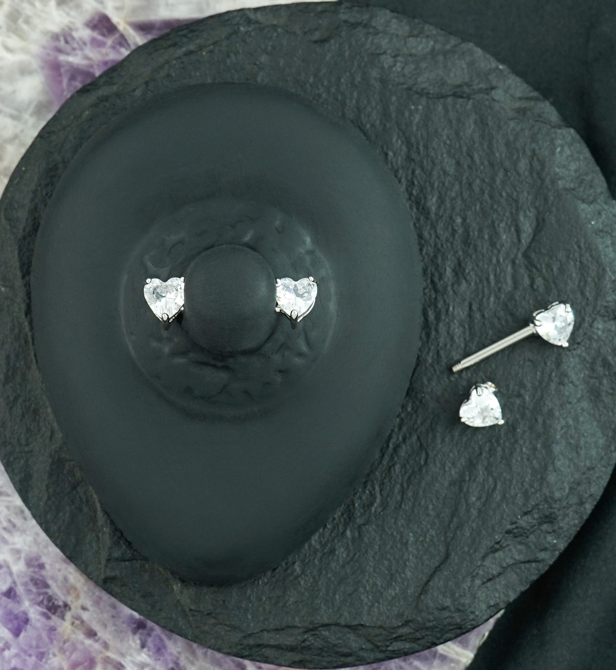 Heart Nipple Ring With Double CZ Diamond Barbell