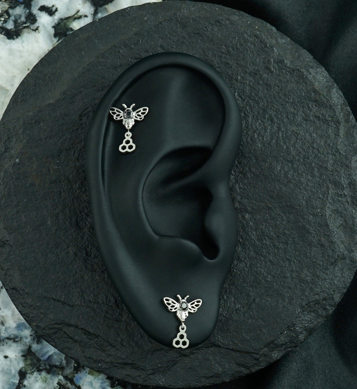 Honeycomb Bee Black CZ Dangle Titanium Threadless Top