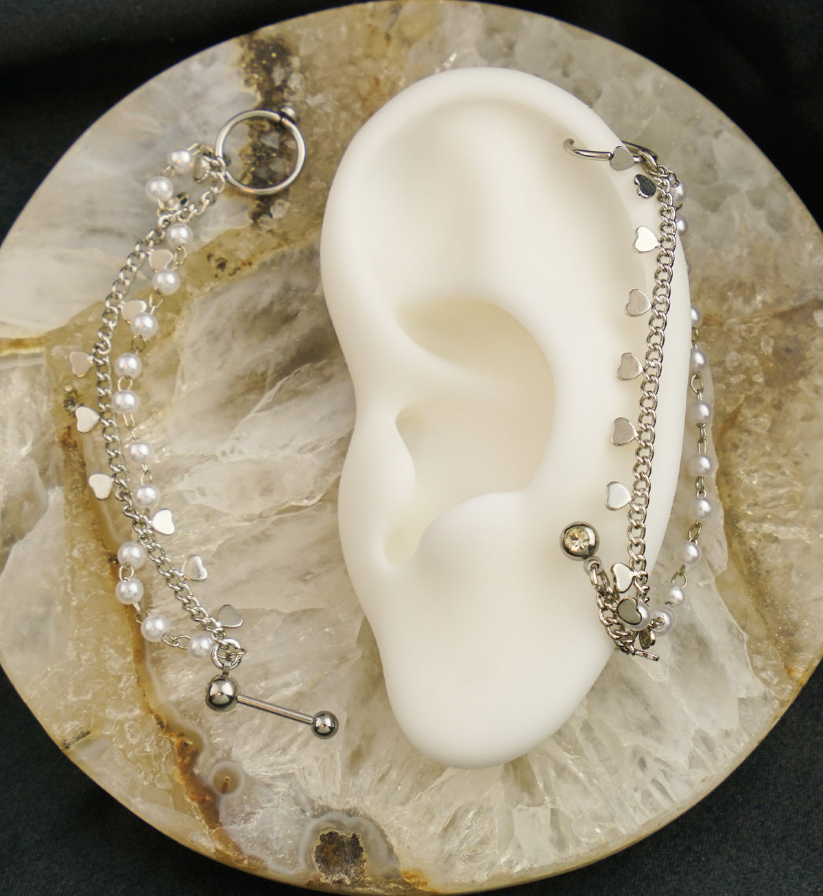 Hoop/Barbell Clear CZ Stainless Steel Pearl And Heart Dual Piercing Chain