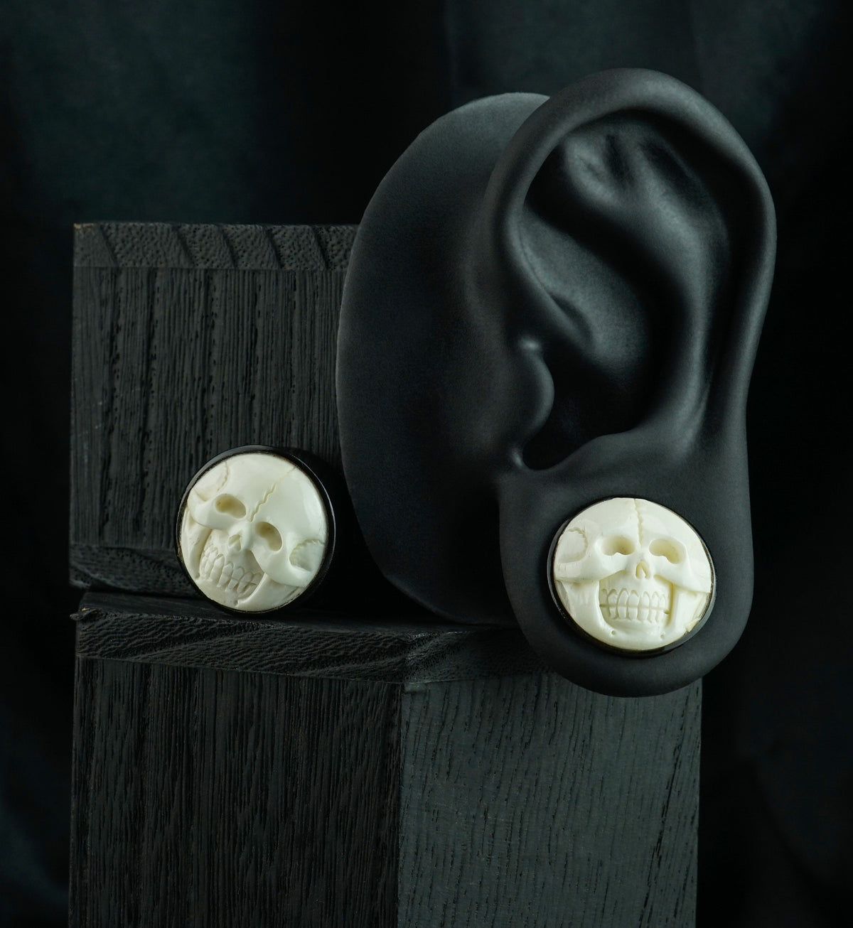 Horn Plugs With Carved Bone Skull Inlay