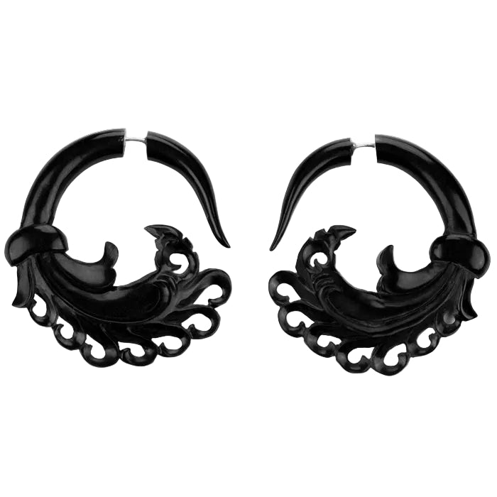 Empire Curl Black Fake Gauges Horn Earrings