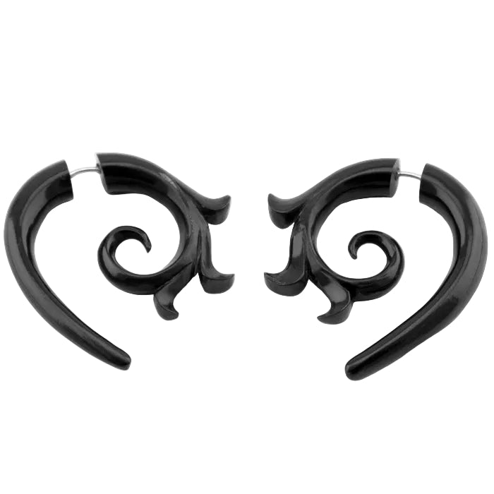 Black Kalila Curl Spirals Fake Gauge Horn Earrings