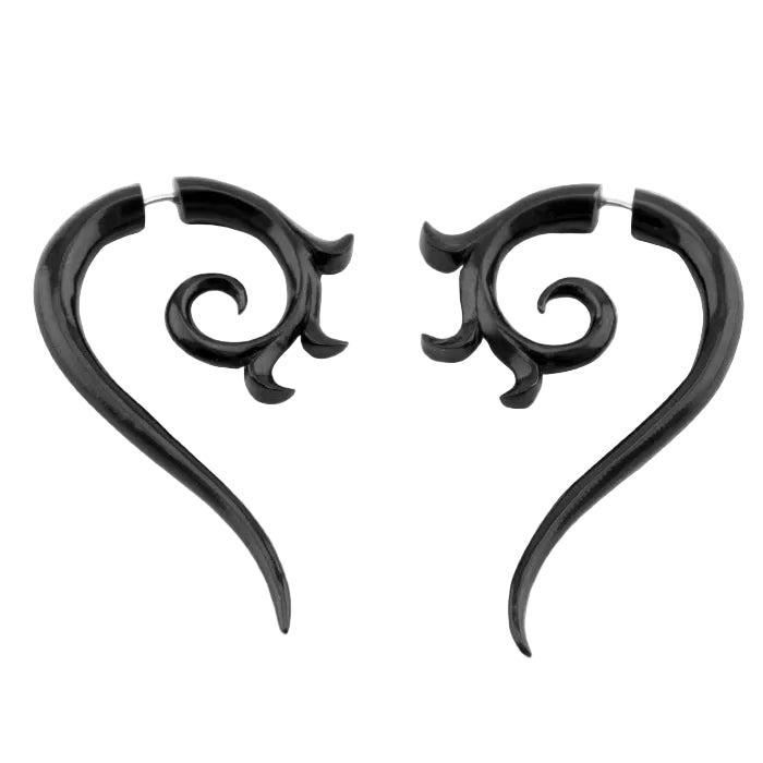 Black Tribal Floral Spiral Fake Gauges Horn Earrings