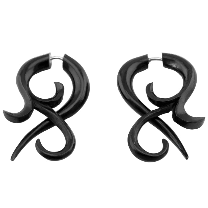 Black Large Floral Twist Fake Gauges Horn Earrings