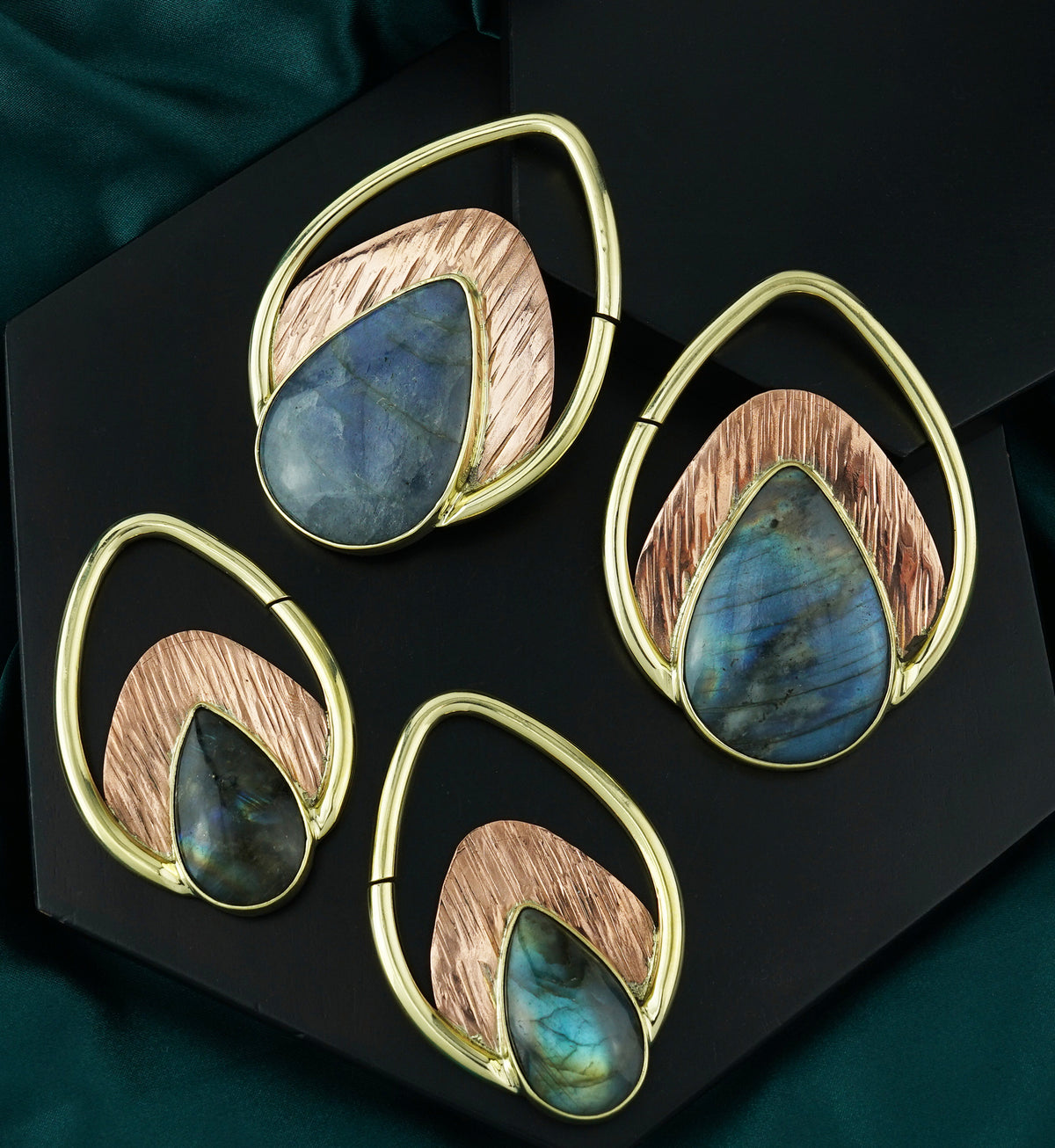 Labradorite Stone Rogue Brass Teardrop Ear Weights