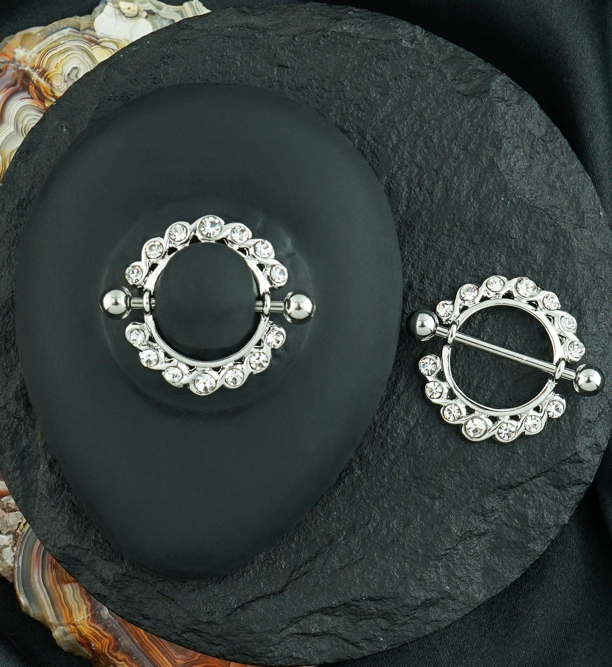 Nipple Ring CZ Diamond Gem Barbell Shield