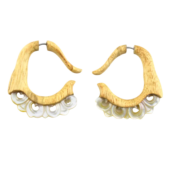 Ornamental Mop Shell Tamarind Wood Fake Gauge Earrings