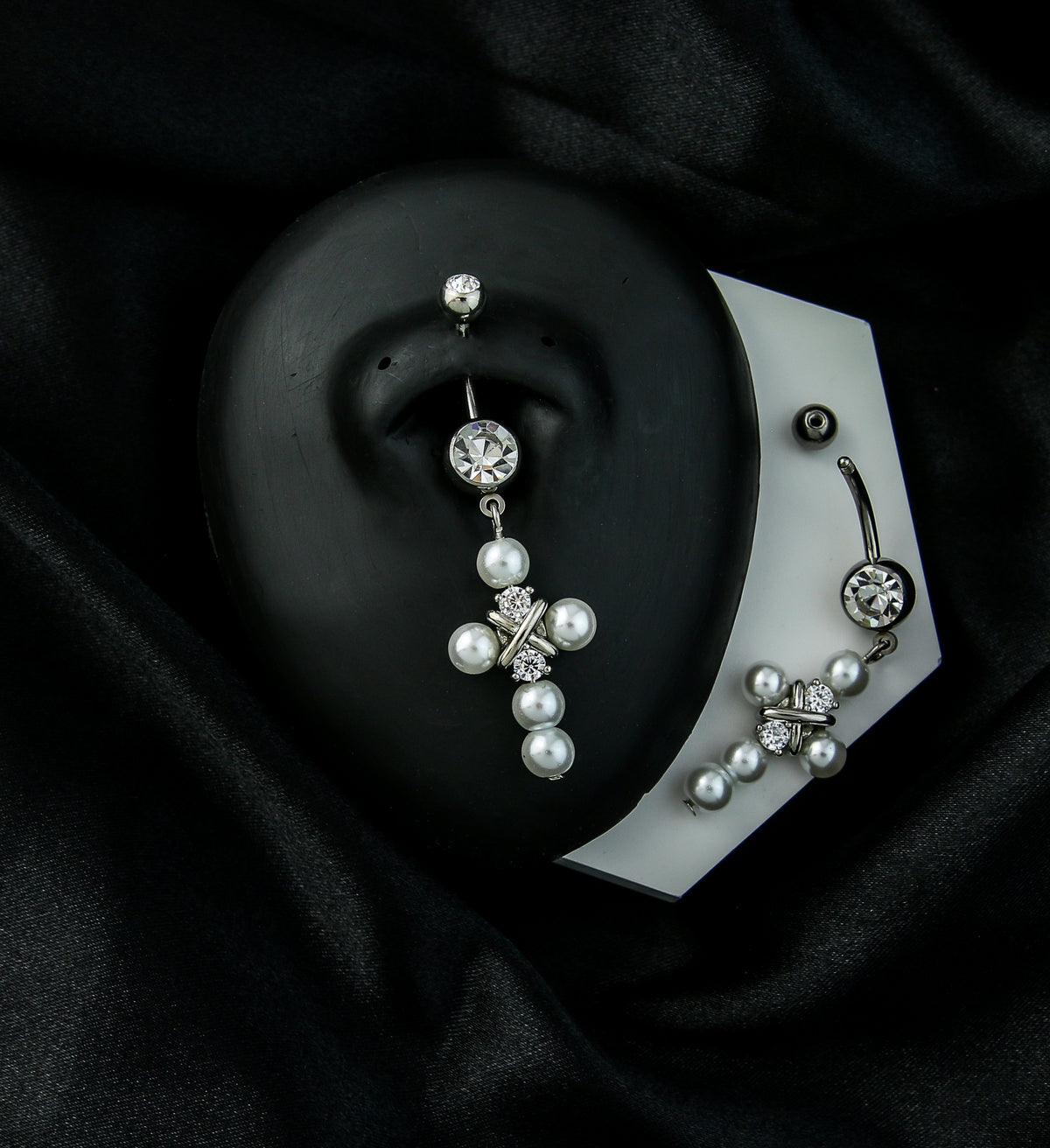 Pearl Cross CZ Dangle Stainless Steel Belly Button Ring