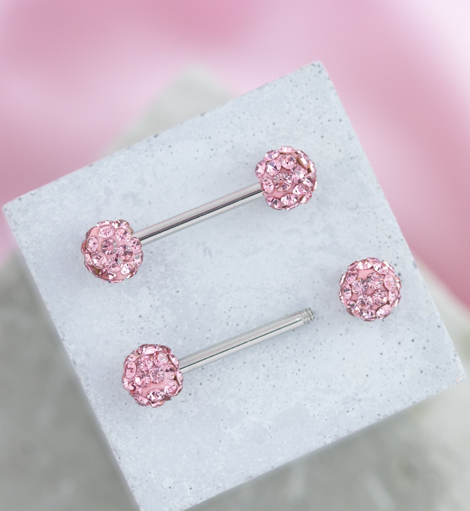 Pink Crystal Ball CZ Stainless Steel Externally Threaded Nipple Barbell