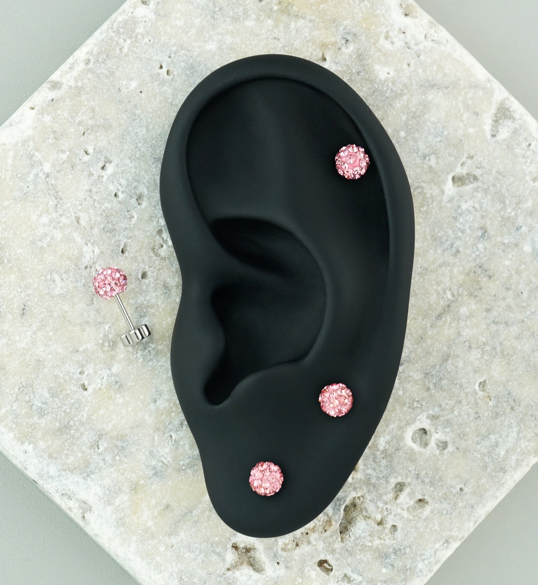 Pink Glitterball Stainless Steel Flower Back Stud Earrings