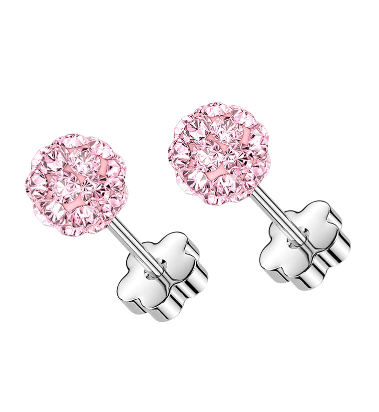 Pink Glitterball Stainless Steel Flower Back Stud Earrings