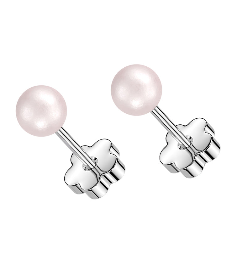 Pink Pearl Stainless Steel Flower Back Stud Earrings