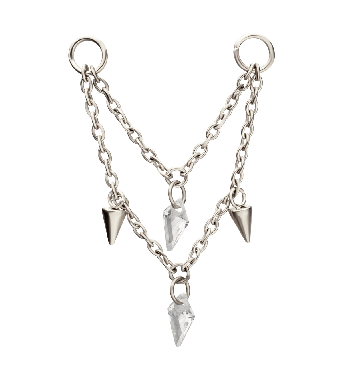 Platinum PVD Cone and Dart CZ Dangle Titanium Double Connecting Piercing Chain