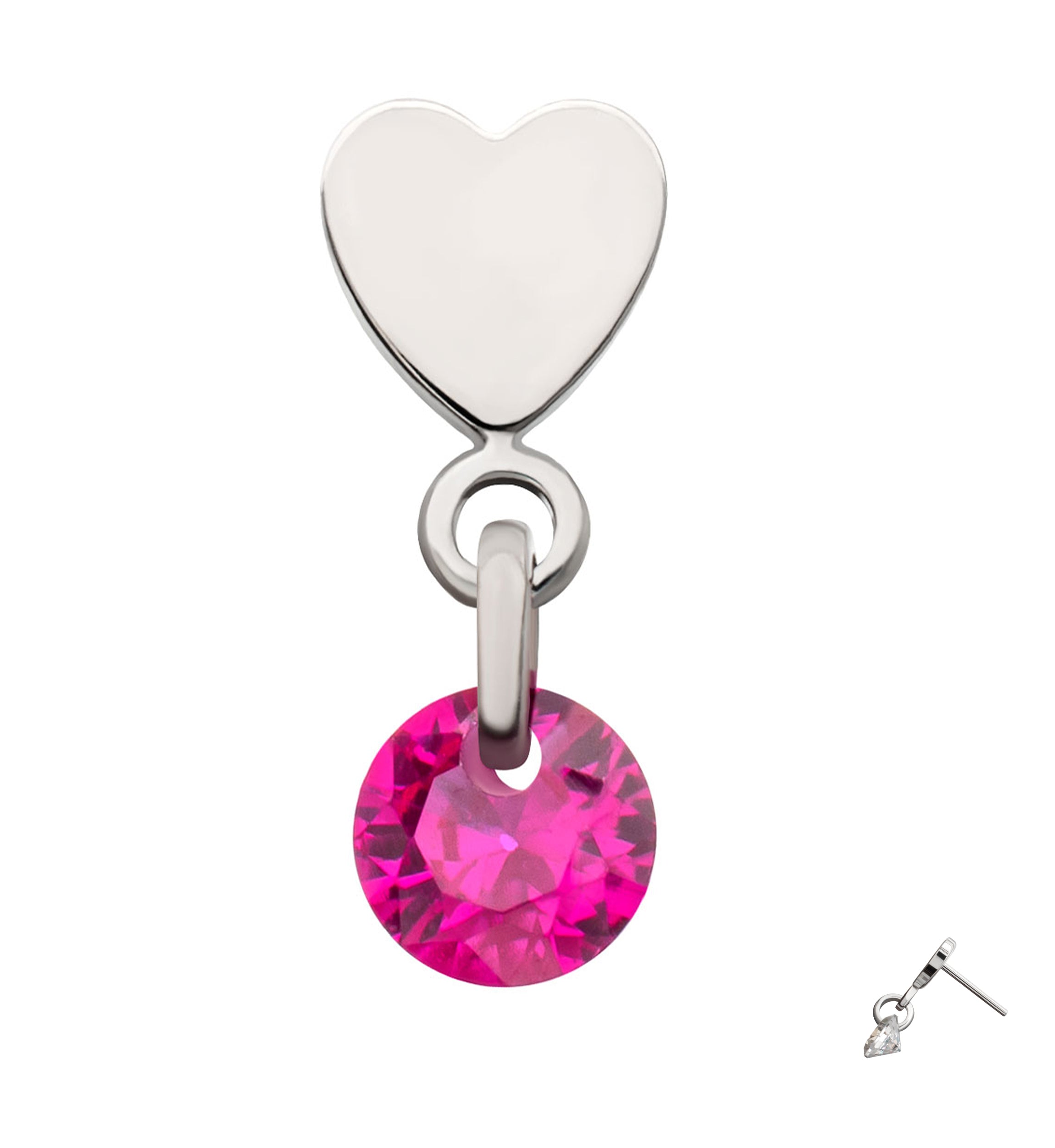 Platinum PVD Heart With Fuchsia CZ Dangle Titanium Threadless Top