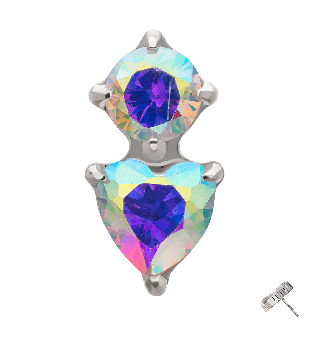 Platinum PVD Round and Heart Rainbow Aurora CZ Titanium Threadless Top