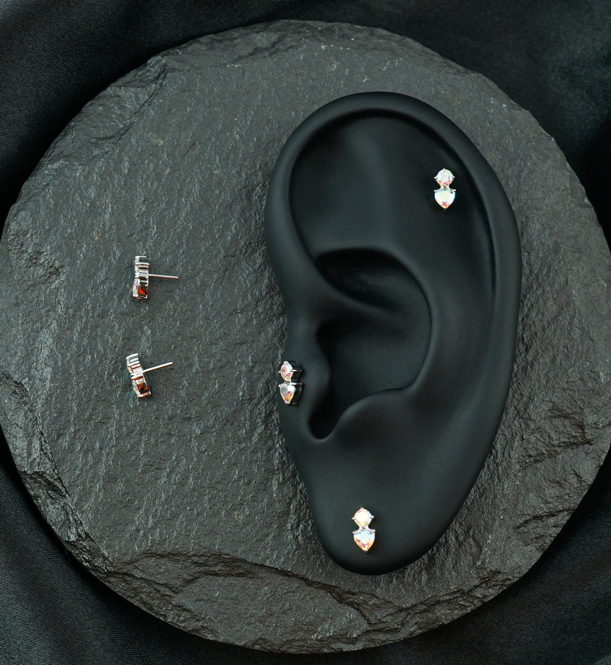Platinum PVD Round and Heart Rainbow Aurora CZ Titanium Threadless Top