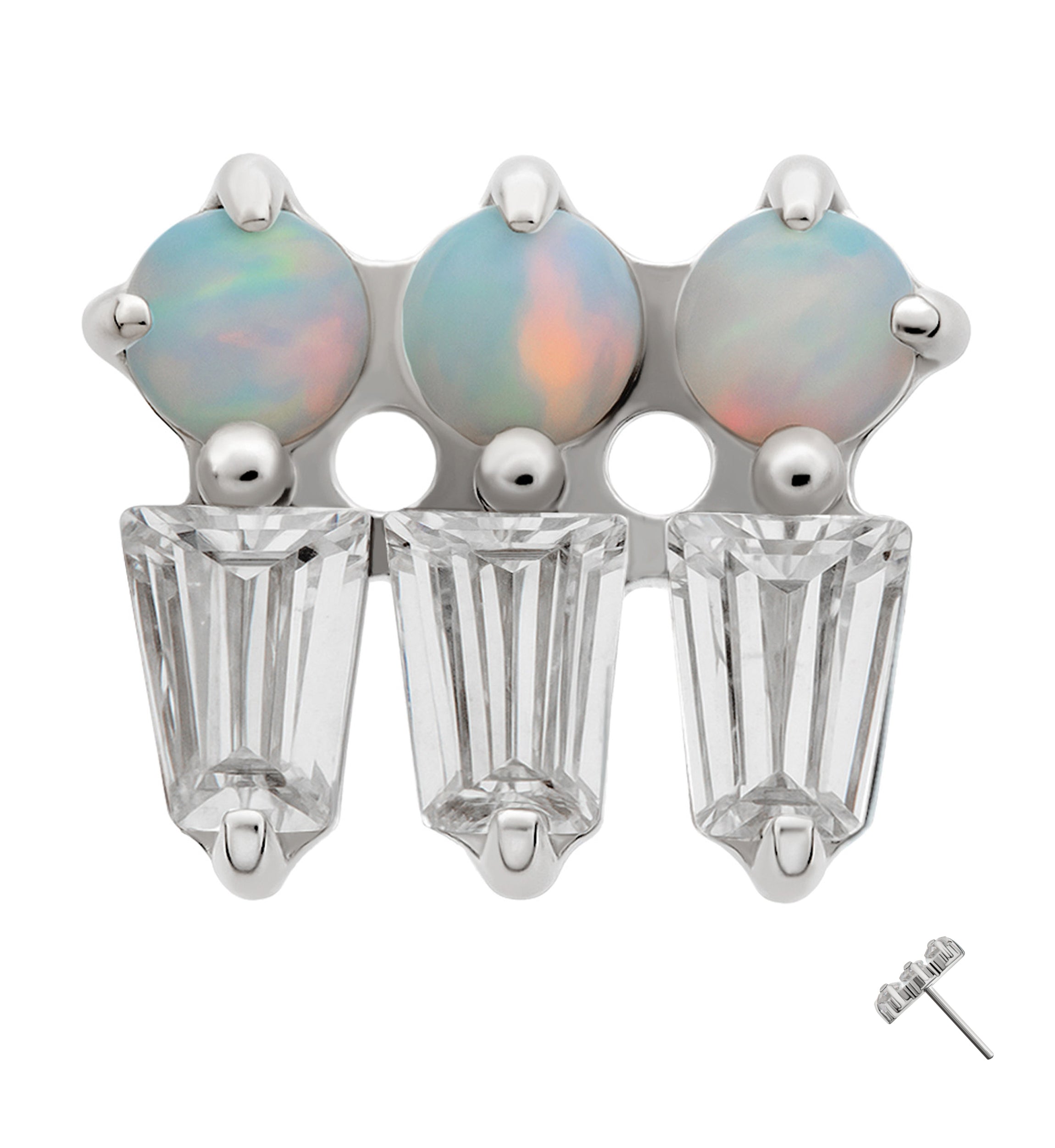 Platinum PVD Triple White Opalite and Clear CZ Cluster Titanium Threadless Top