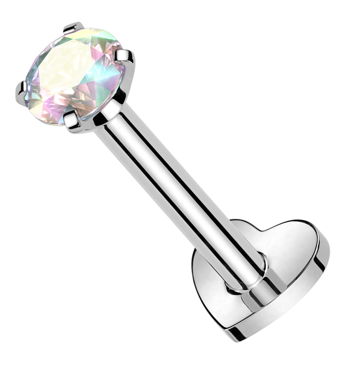 Prong Rainbow Aurora CZ Internally Threaded Titanium Heart Disk Labret