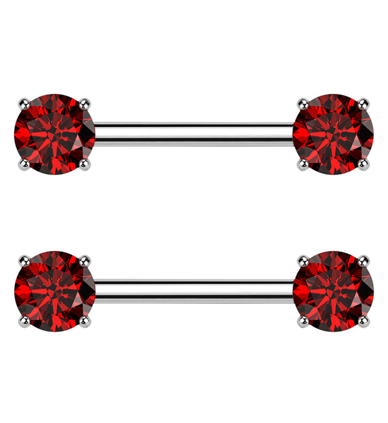 Prong Red CZ Threadless Titanium Nipple Barbells