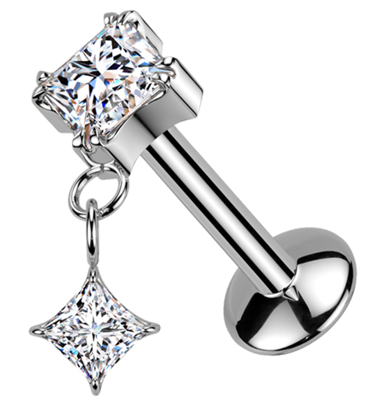 Prong Rhombus Clear CZ Dangle Titanium Convex Disk Labret