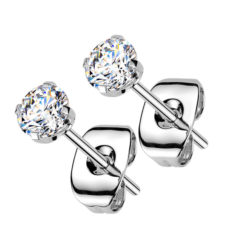 Prong Set Clear CZ Titanium Butterfly Back Earrings