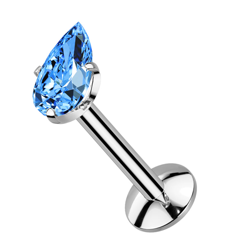 Prong Teardrop Aqua CZ Titanium Internally Threaded Labret
