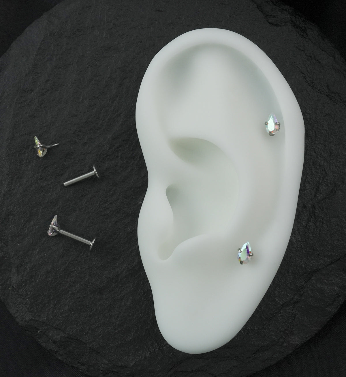 Prong Teardrop Rainbow Aurora CZ Internally Threaded Titanium Convex Back Labret