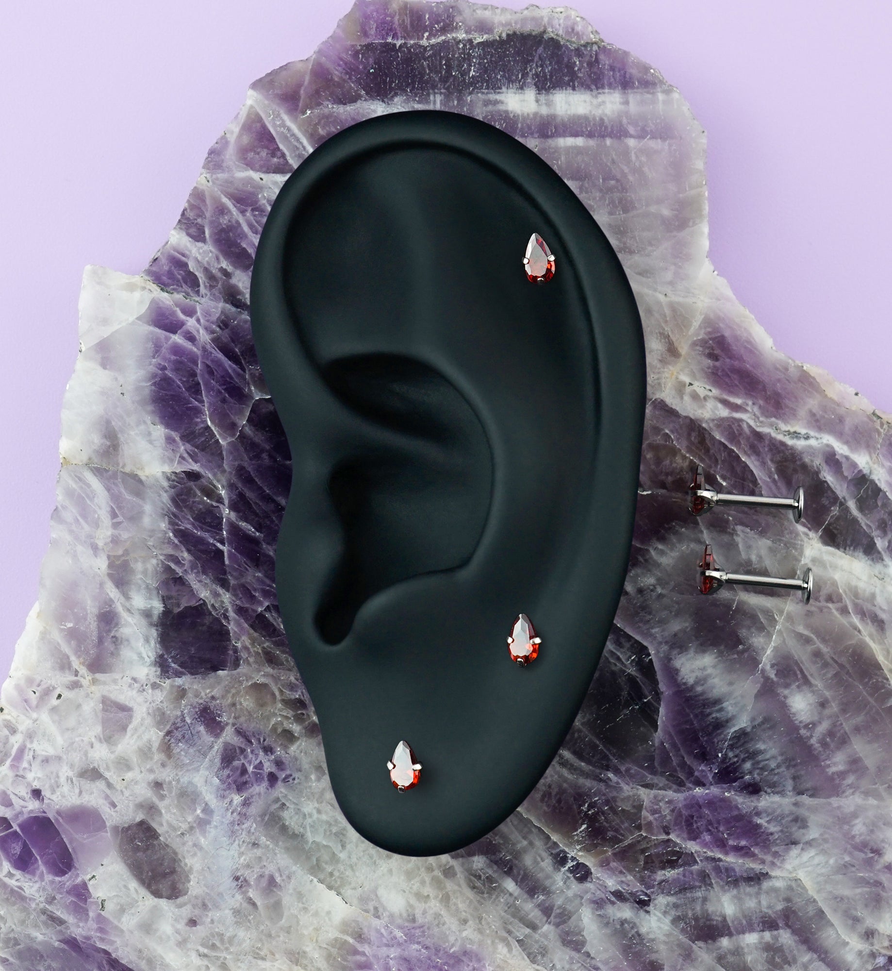 Prong Teardrop Red CZ Titanium Internally Threaded Labret