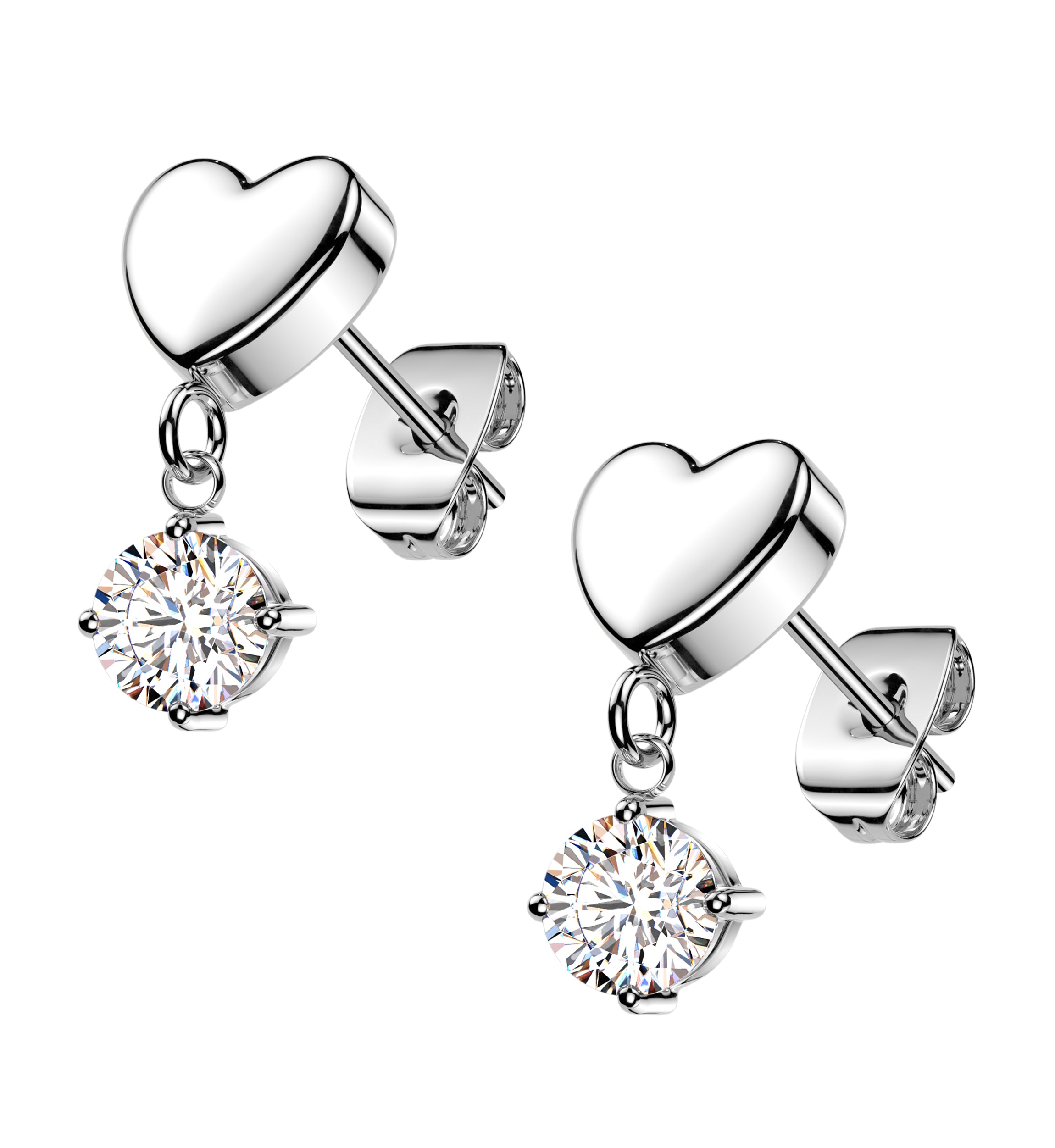 Puff Heart CZ Dangle Stainless Steel Stud Earrings