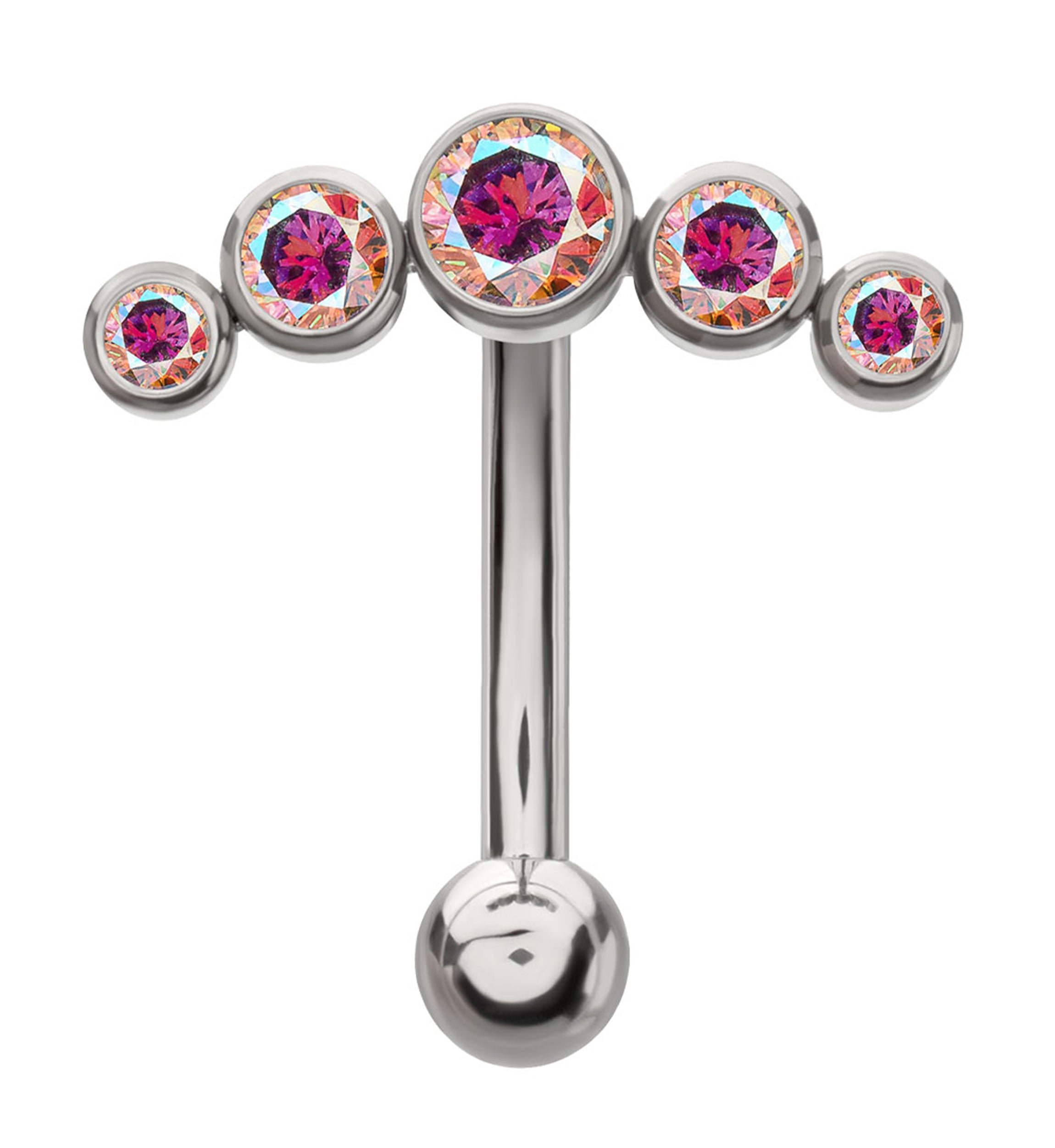 Quintet Rainbow Aurora CZ Internally Threaded Titanium Curved Barbell