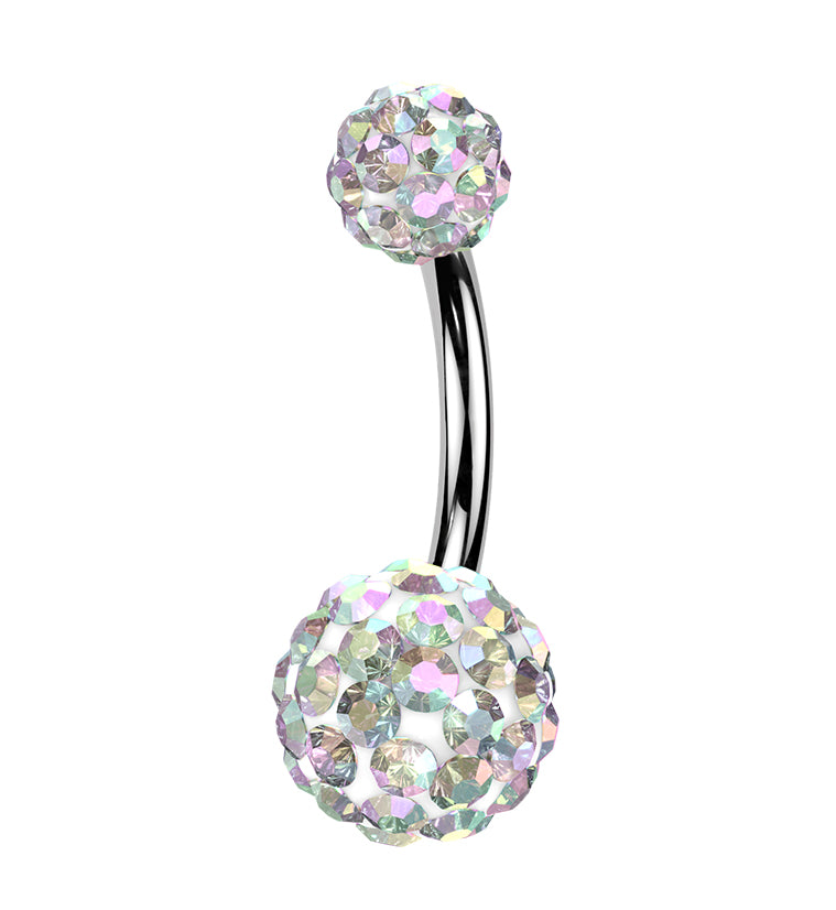 Rainbow Aurora Crystal Ball CZ Stainless Steel Externally Threaded Belly Button Ring
