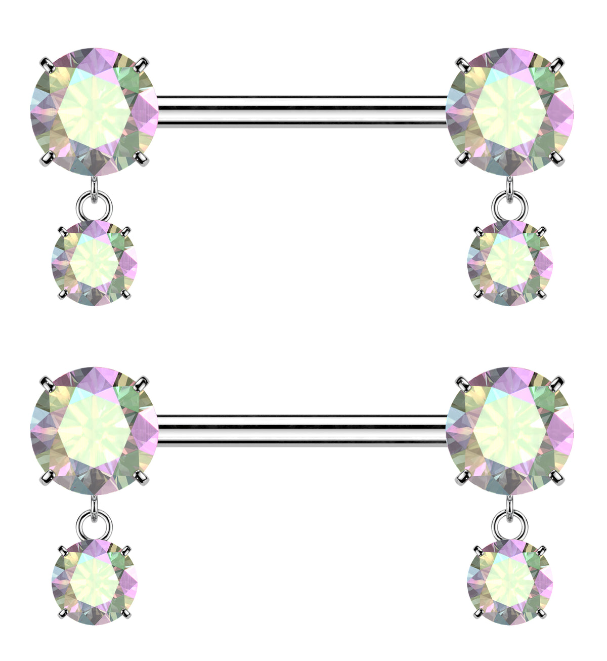 Rainbow Aurora CZ Dangle Titanium Threadless Nipple Barbells by Urban Body Jewelry
