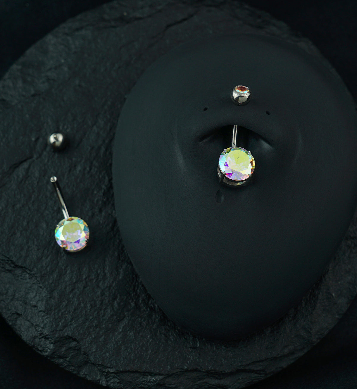 Rainbow Aurora CZ Prong/Bezel Internally Threaded Titanium Belly Button Ring