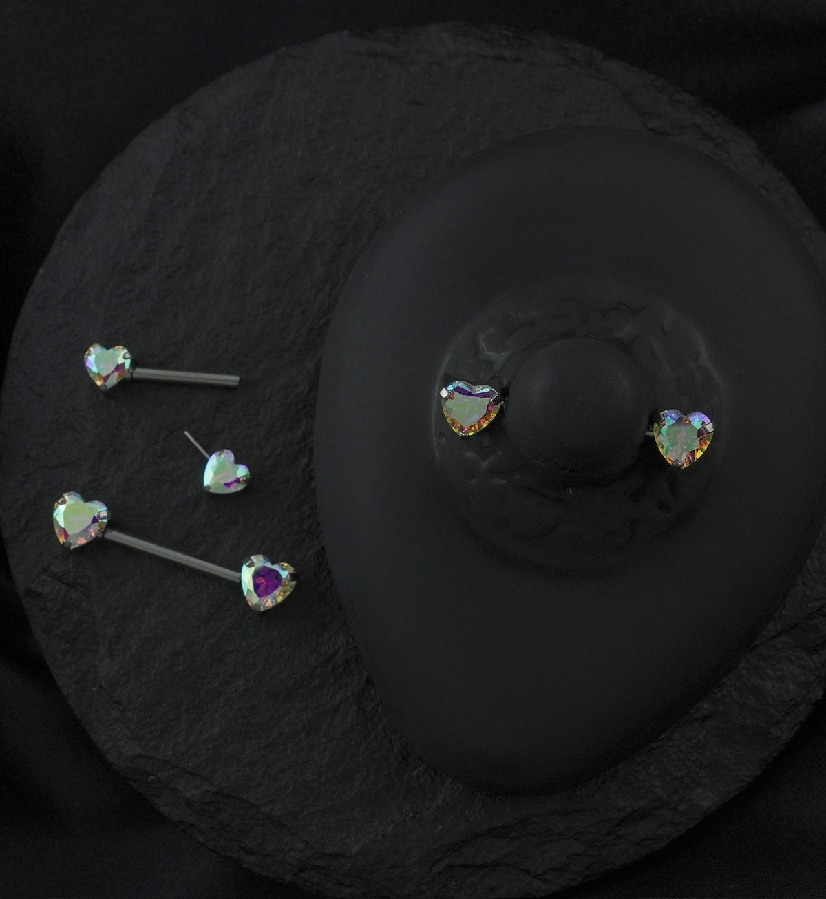 Rainbow Aurora Heart CZ Threadless Titanium Nipple Barbell