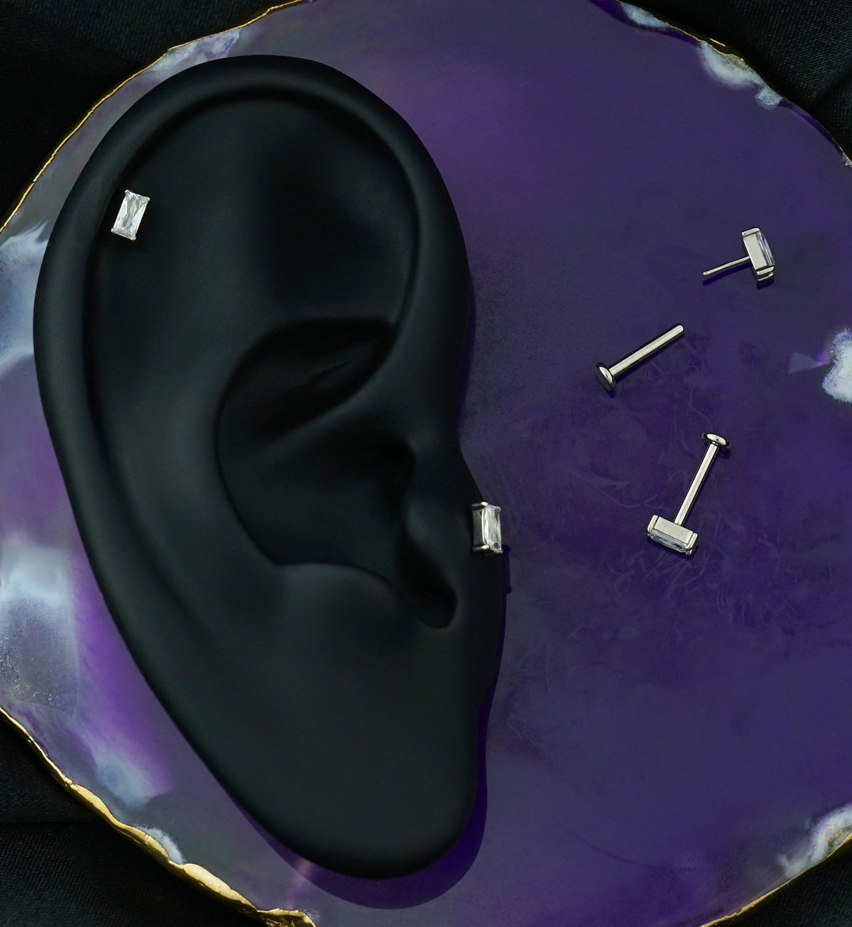 Rectangle Clear CZ Threadless Titanium Labret